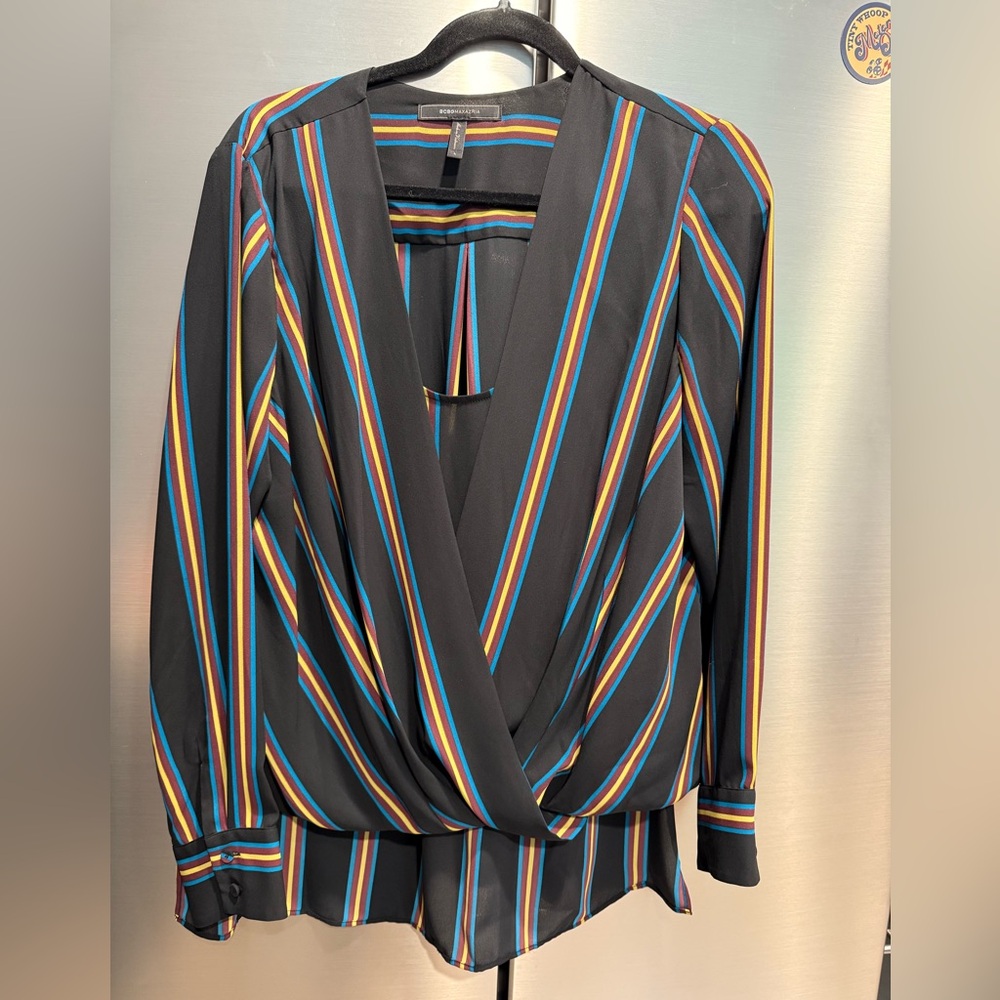 EUC BCBG MAXAZRIA Striped V-Neck Blouse - Black, Blue, Yellow